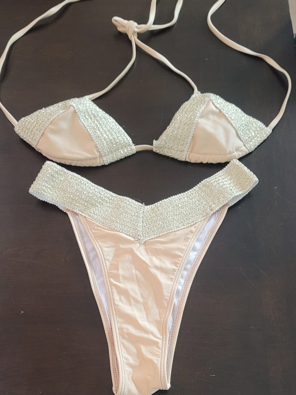 Shimmered Weave Trim Triangle Bikini Set - Cream